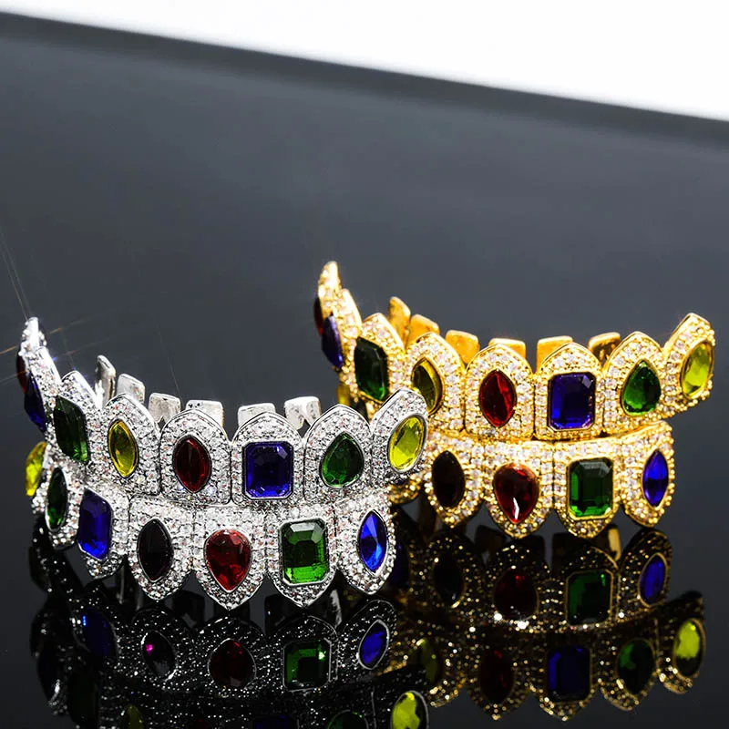 Hip Hop Natural Stone Paved Bling Iced Out Teeth Grillzs Top Bottom Set Gold Flat Dental Grills Men Rapper Jewelry Gold Color