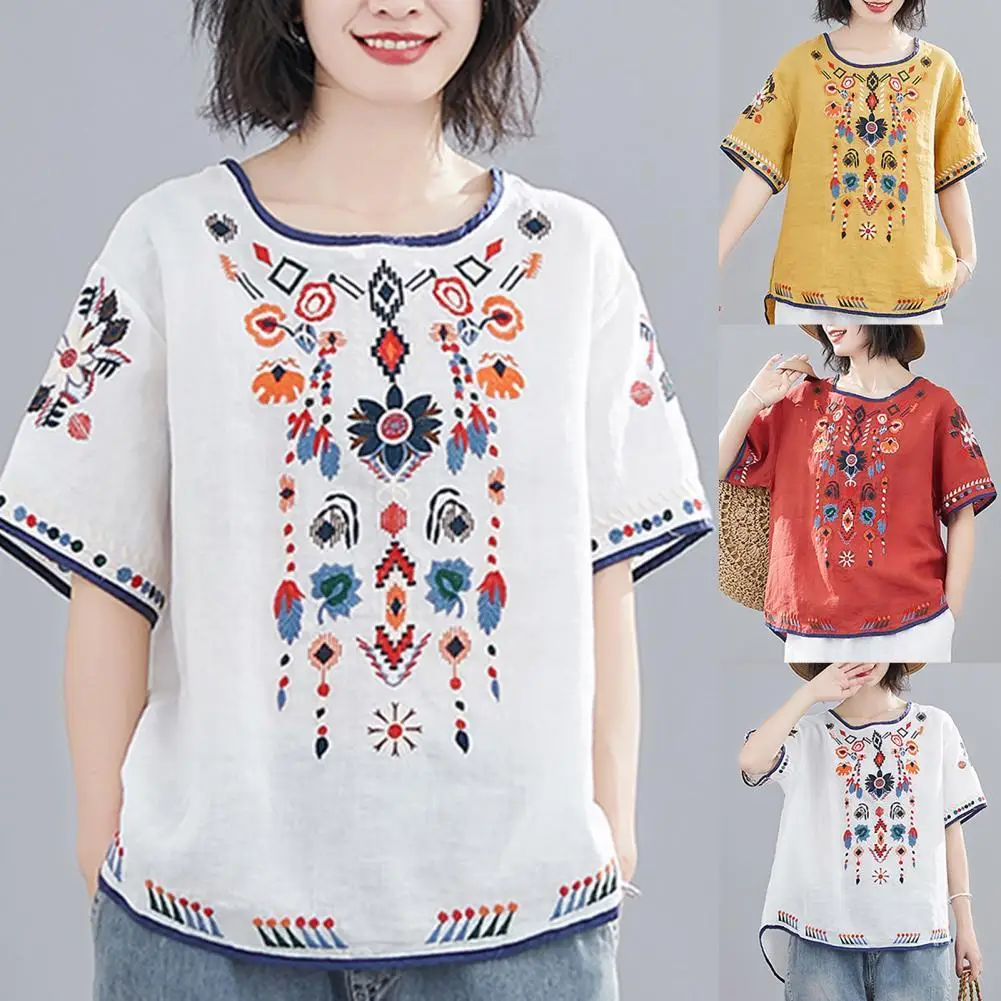 

T-shirt women 2021 fashion Embroidered Loose National Style Ladies Short Sleeve Oversize Blouse for Going Out Summer clothes