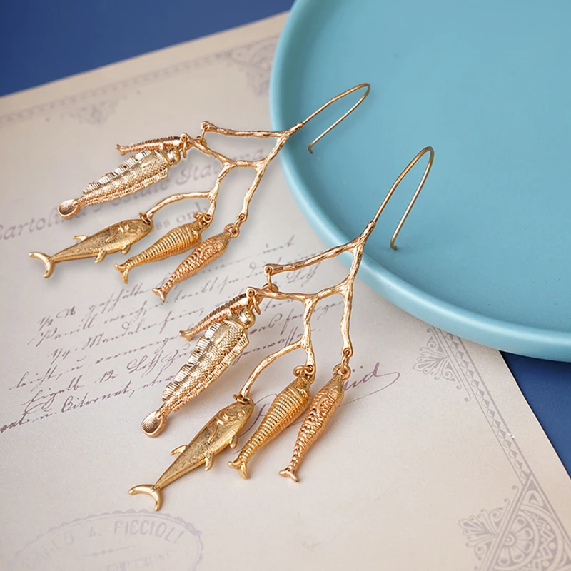 New In Vintage Earrings For Women Bohemia Gold Plated Earring Cute Metal Fishes Pendientes Multi Dangle  Jewelry 2024 Fashion