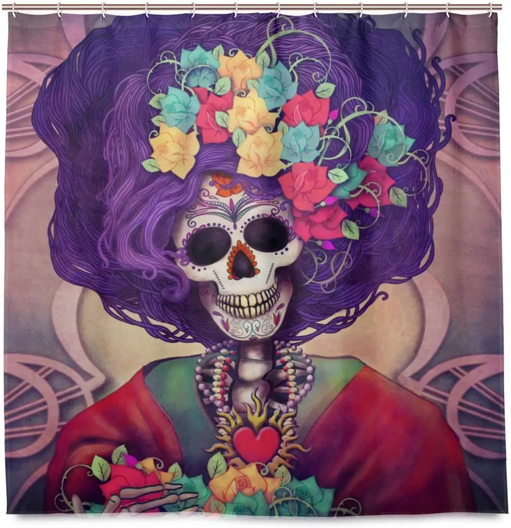 Day Dead Illustration Catrina Bath Curtains Waterproof Fabric Bathroom Decor