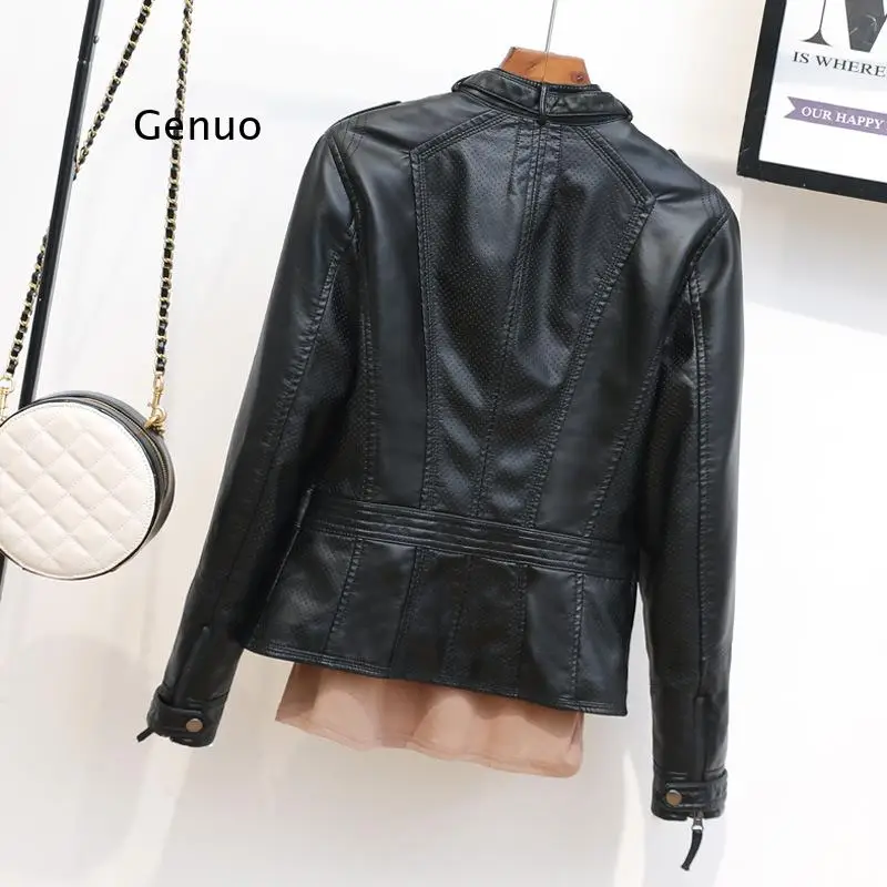 New Spring Stand Collar Faux Soft Leather Jackets Women Pu Moto Biker Zipper Epaulet Black Coat Female Slim Outerwear