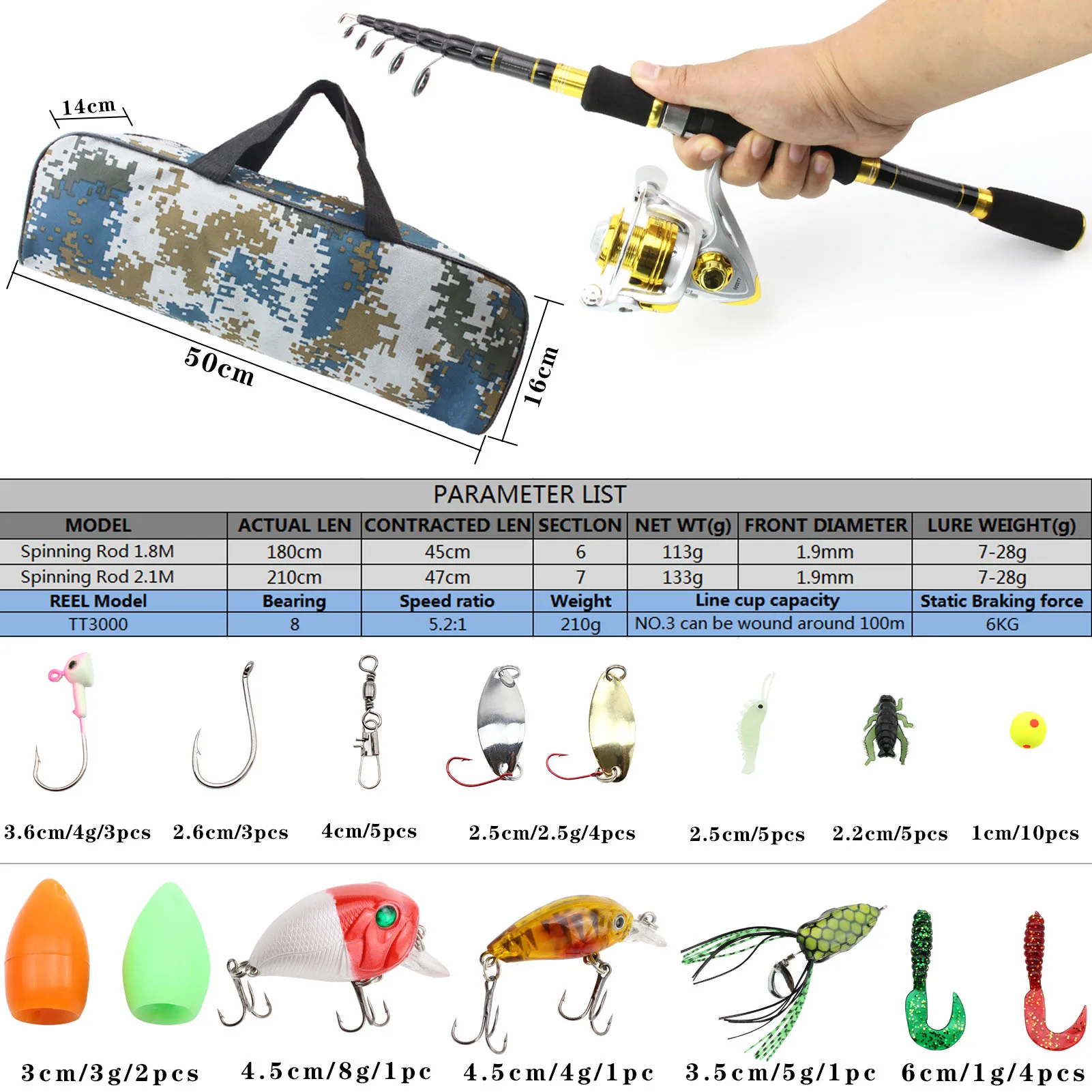 1.8m 2.1m carbon fishing rod and Spinning Reels fishing Portable bag Baits line hook Fishing Tackle set  Rod Reel Combos pesca