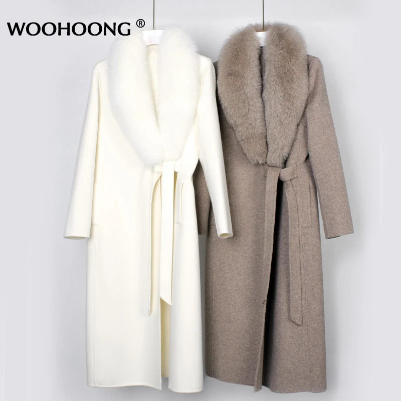 

Fox Fur Collar Cashmere Wool Blends Long Jacket Outerwear Warm Thicken Women Winter Fur Coat With Belt Double Faced Wool