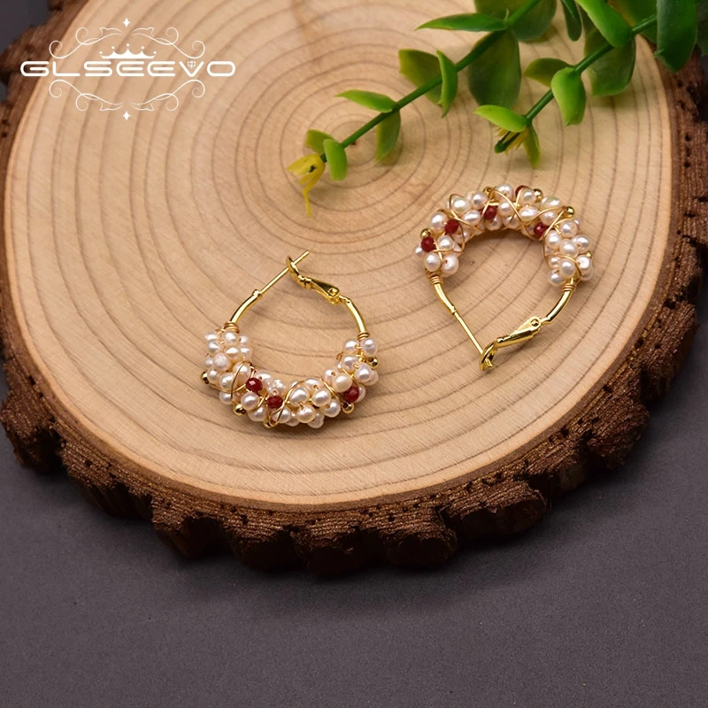 GLSEEVO Natural Freshwater Pearl Hoop Earrings For Woman Wedding Red Glass Personalized Customizable Jewelry Accessories GE1015