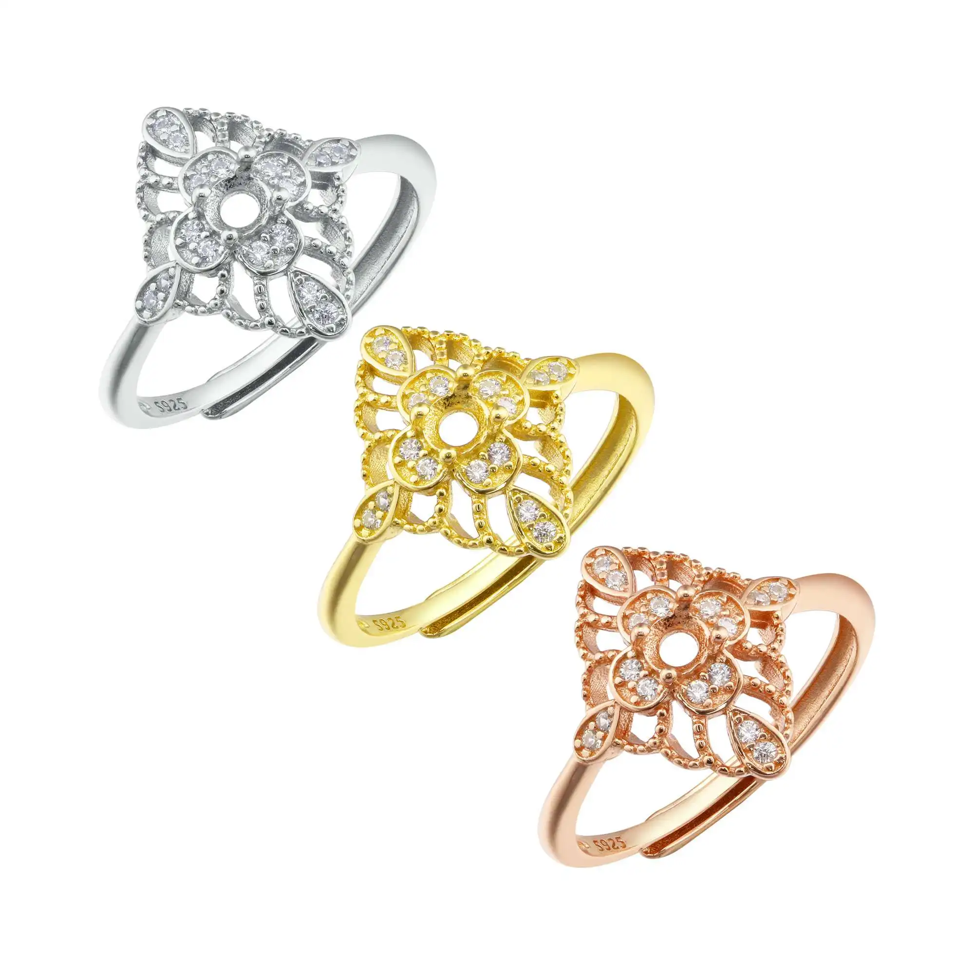 3MM Round Prong Ring Settings  Vintage Style Solid 925 Sterling Silver Rose Gold Plated DIY Set Size Adjustable Ring 1210098 image 6