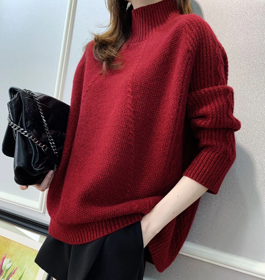 sweater women half high neck loose 100% wool knitted sweater pullover large Solid color size sweater women Spring/Autumn/Winter