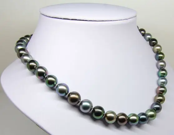 

Free Shipping 18"8-9mm Tahitian genuine black peacock green multicolor round pearl necklace