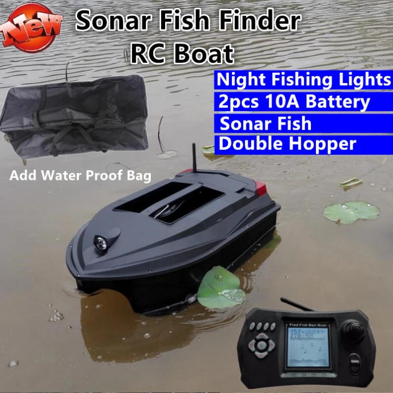 Doppia batteria al litio RC Fishing Boat Sonar Fish Finder Design a doppia tramoggia con luci di pesca notturne allarme Fishing Bait Boat