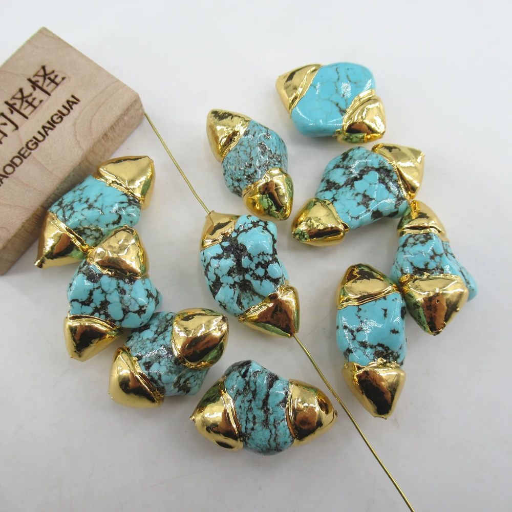 APDGG Wholesale 10 Pcs Gold Capped Blue Turquoise Freeform Nugget Beads Finding Jewelry Accessories