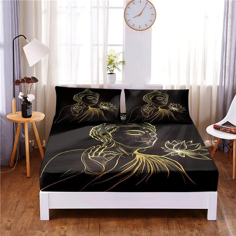 Buddhist Painting Printed 3pc Polyester  Fitted Sheet Mattress Cover Four Corners with Elastic Band Bed Sheet Pillowcases