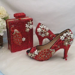 BaoYaFang Open Toe Red crystal Peacock Party Dress Wedding shoes Bridal woman High heel platform shoes Ladies Female Pumps