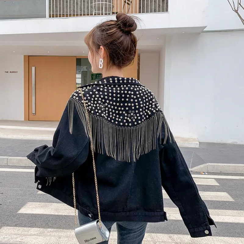 YUZACDWX Chaquetas Mujer 2024 Autumn Streetwear Denim Jacket Women Rivet Tassel Chain Short Jeans Jacket Loose Coats plus size