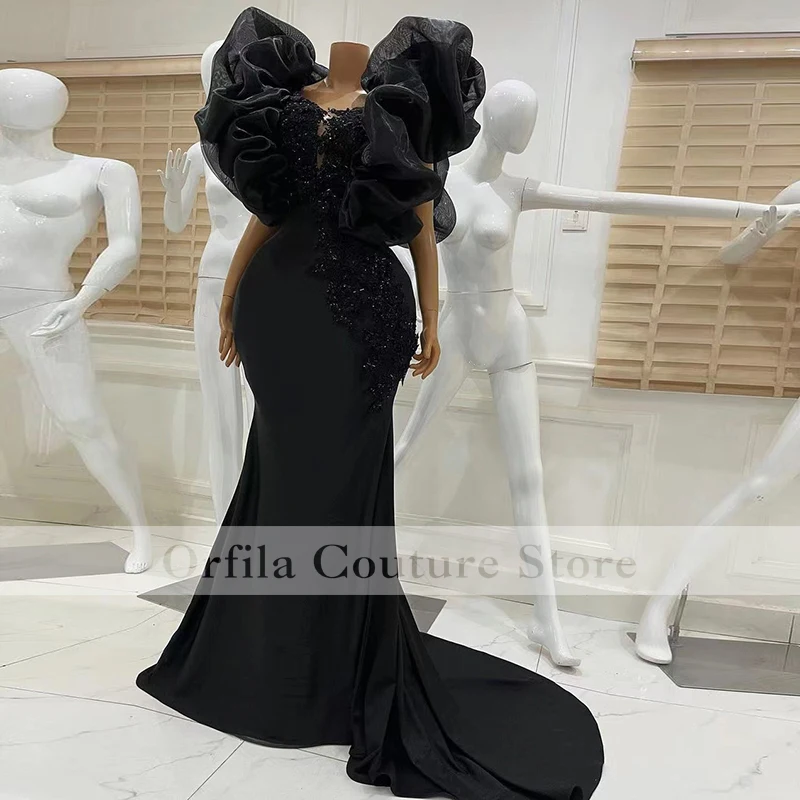 Vestido de fiesta de sirena para africano, manga corta, lentejuelas, brillante, negro, Formal, 2022