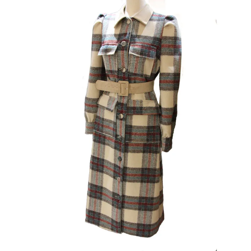 Novel Spring Turn Down Collar Women Woolen Coat Plaid Print Elegant Wool Jacket Women Autumn Long Coat Casaco Feminino