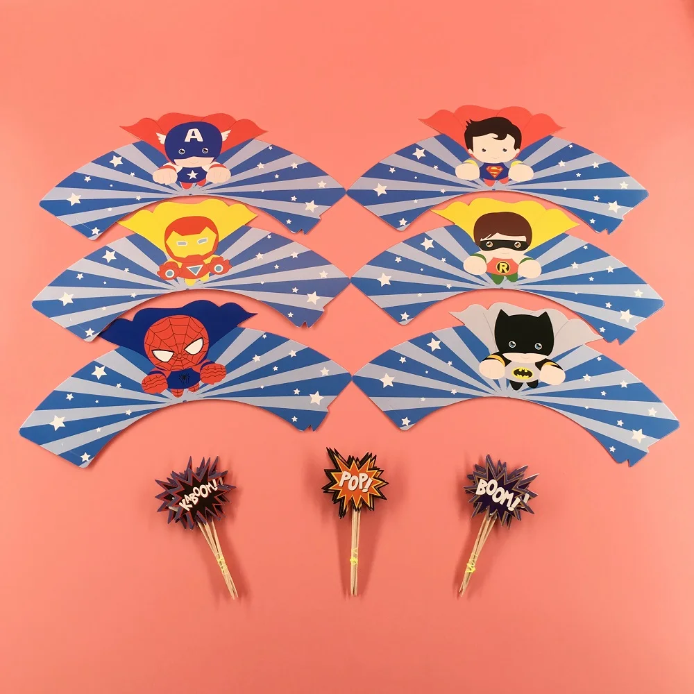Marvel Party Superhero Birthday Supplies Avengers Spiderman Cake Topper Decor Iron Man Kids Baby Shower Cupcake Wrapper Toppers