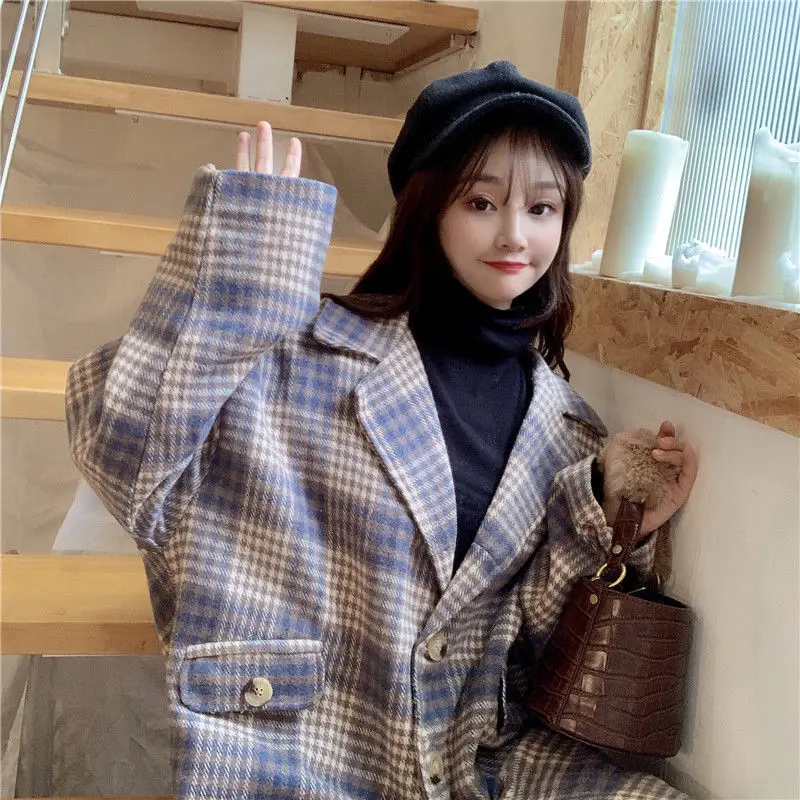 Blazers Women Autumn-winter Loose Medium-long Notched Vintage Plaid Outwear Coats Female Elegant Simple All-match Trendy Ulzzang