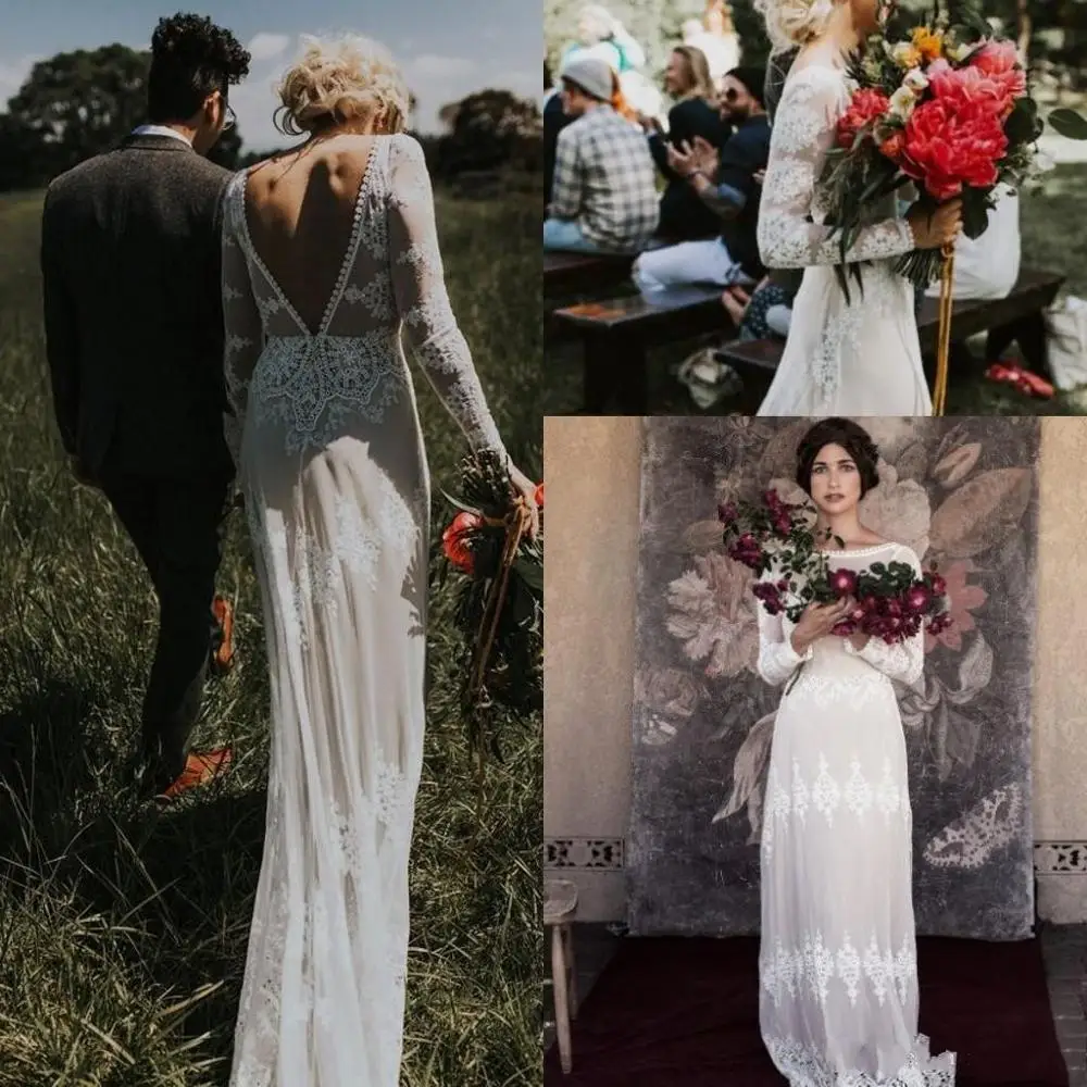 E JUE SHUNG Vintage Country suknie ślubne Boho z długim rękawem z wycięciem Backless koronkowa aplikacja Sheer suknie ślubne robe de mariee