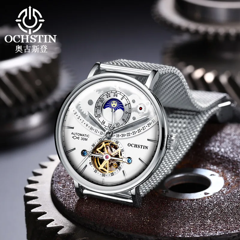 OCHSTIN Dual Time Zone Mesh Belt Dial Skeleton Tourbillon Moon Phase Watch Creativity Sport Automatic Mechanical Wristwatches