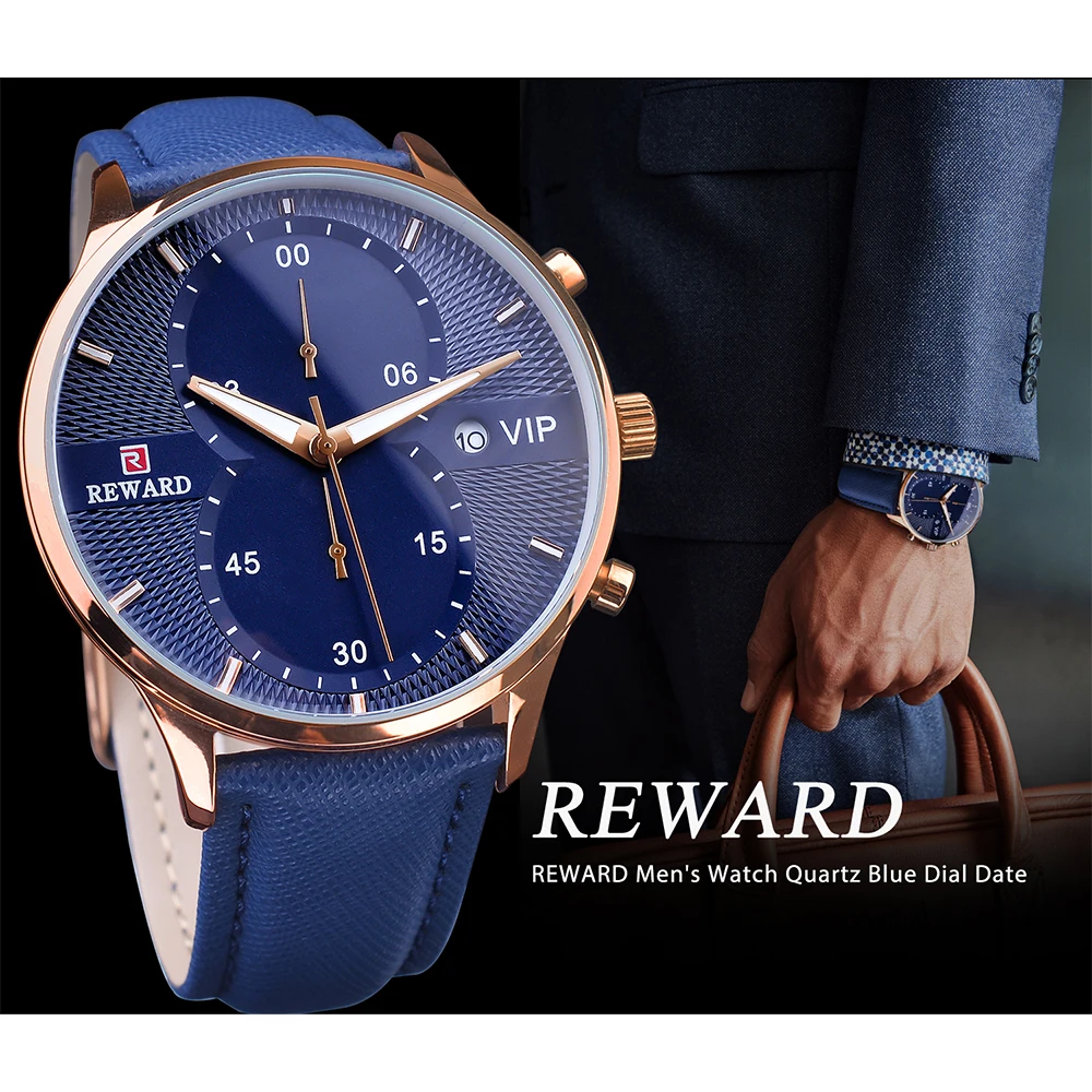 Quartz Watch for Men Top Brand Luxury REWARD VIP Blue Dial Men\'s Wristwatch Clock Business Waterproof Chronograph Leather Watch