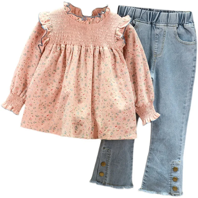 Children\'S Clothing 2022 Spring Autumn New Floral Cute Baby Shirt +Denim Bell Bottom Jeans Pants Casual Sweet Girls Clothes Suit