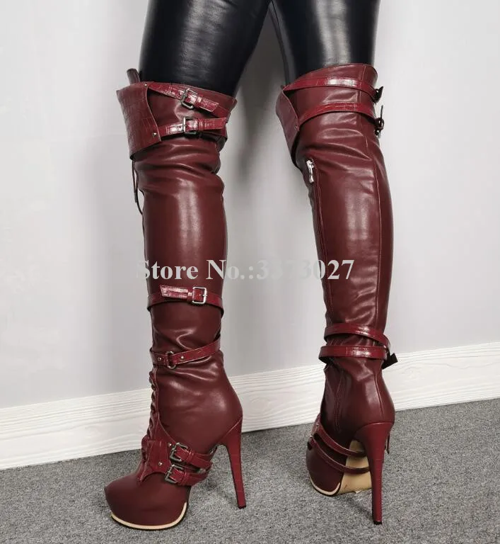 New Brown Leather Patchwork Lace-up Long Boots Fashion Stiletto Heel Buckle Strap Over the Knee Boots Lady Large Size Boots