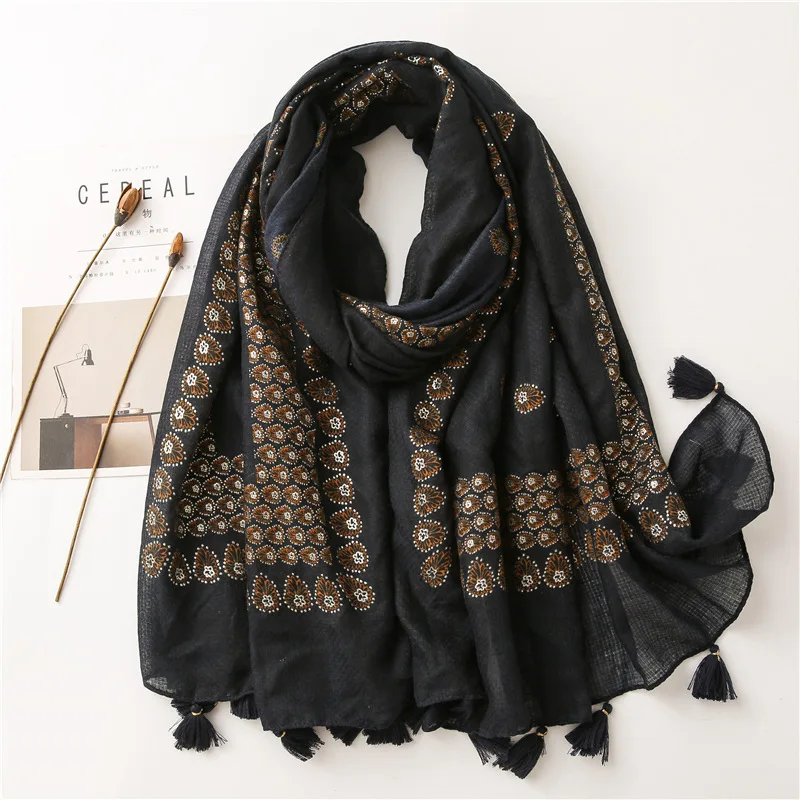 

2020 New Vintage Flower Print Tassel Scarf And Shawls Women Long Soft Floral Print Silver Foil Scarves Wrap Hijab Free Shipping