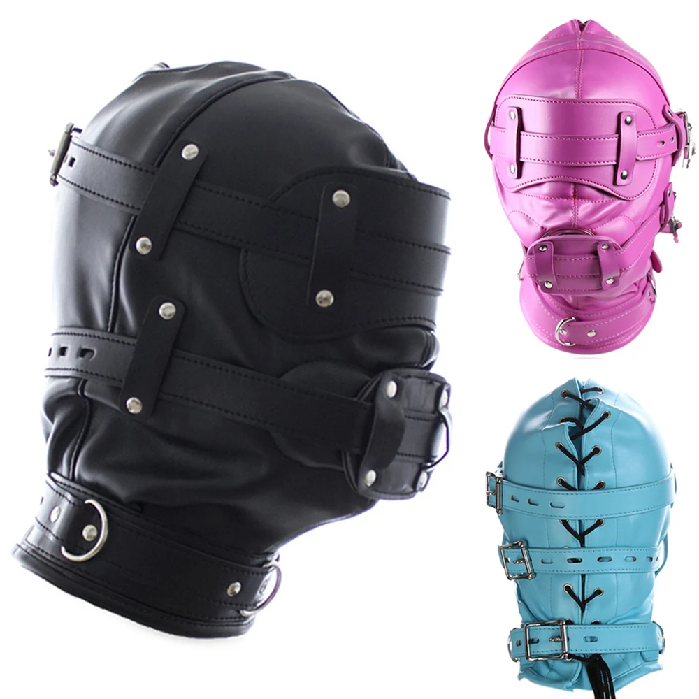 3 Colour Fetish Leather Total Lockdown Bondage Hood with Silicone Mouth Gag Dildo Openable Eye Mask Slave Adult Games Sex Toys