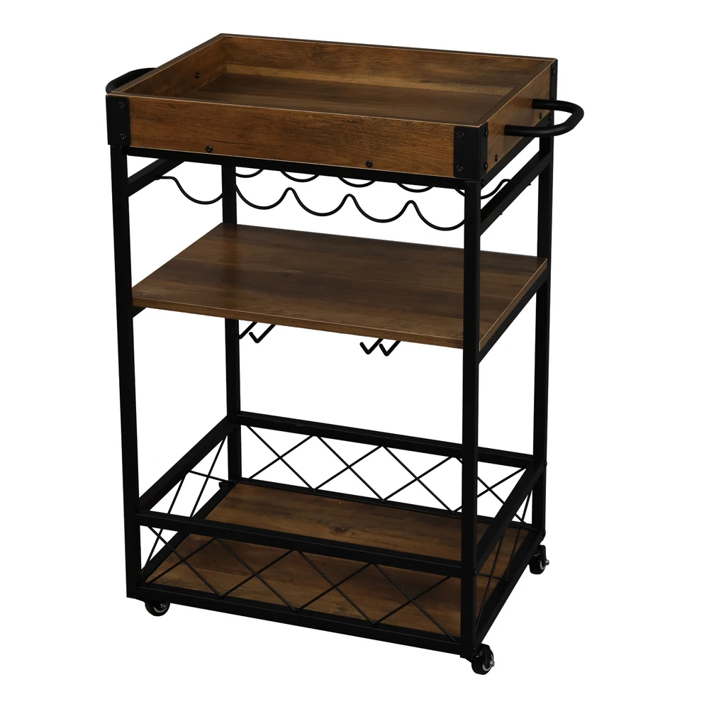 Bar Serving Cart Home Mobile Kitchen Dining Car Storage Rack Industrial Vintage Style Wood Metal Trolley W79xD40xH90CM[US-Stock]