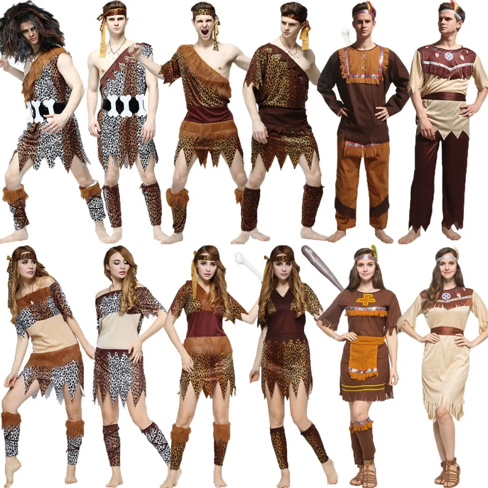 

Halloween Cosplay Costumes Adult Indian Primitive Macho Caveman Costume for Men Women Purim Party Mardi Gras Fancy Dress