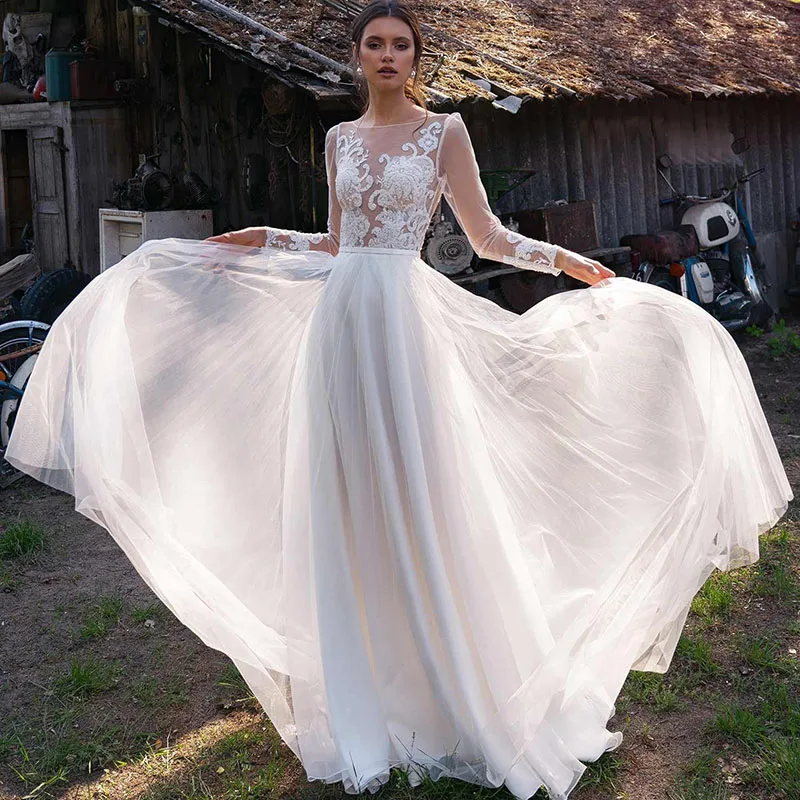 Vestido De novia elegante De manga larga, traje bohemio con cuello redondo, apliques De encaje, línea A, Espalda descubierta, color blanco marfil