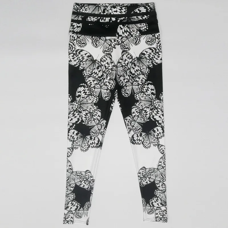 FCCEXIO High Waist Fitness Elastic Leggings Black&White Butterfly Print Sexy  Leggins Casual Workout Sport Tight Pants