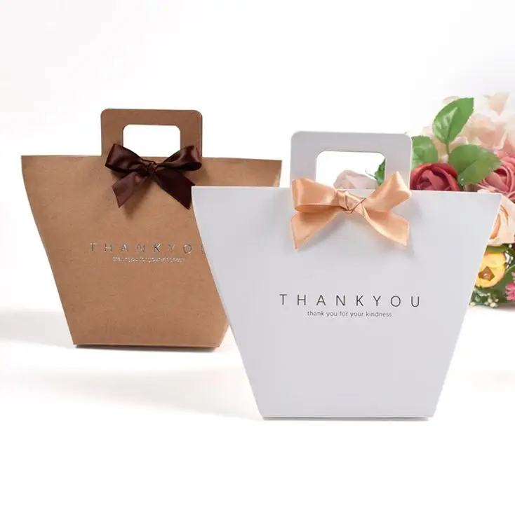 Thank you gift box bag with handle foldable wedding kraft paper candy chocolate perfume packaging simple SN3380