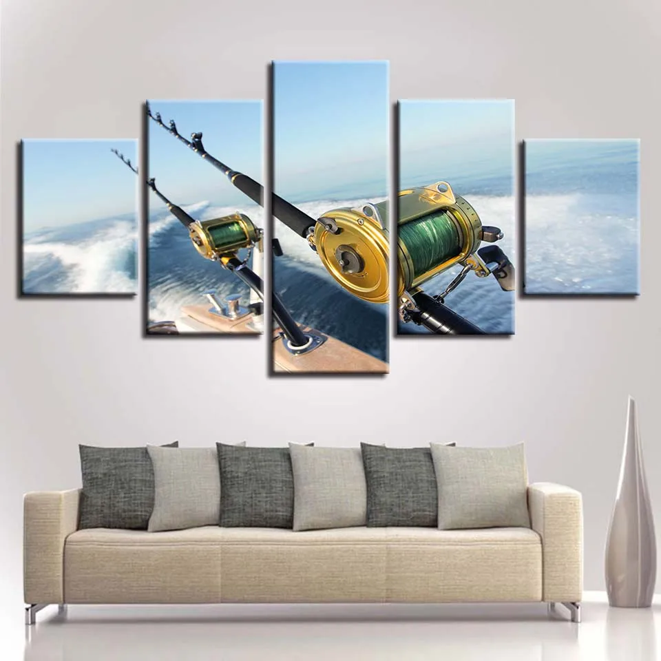 Modular Canvas Pictures Hd Printed 5 Pieces Fishing Gear And Sea Water Scenery Paintings Frame Living Room Wall Decor Art Poster