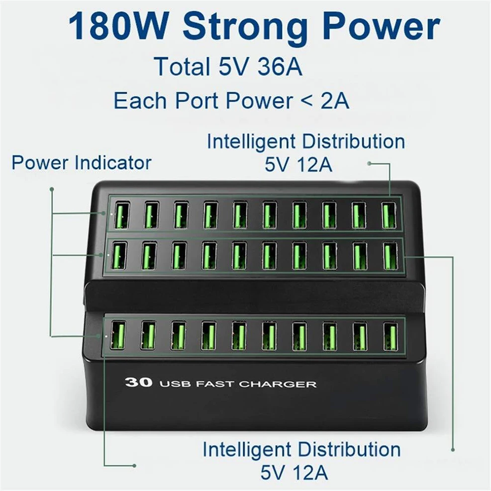 30-Port USB Hub Charger Power Adapter Wall Fast Charging Dock Station 180W for Apple iPhone iPad Samsung XIAOMI Smartphone Table