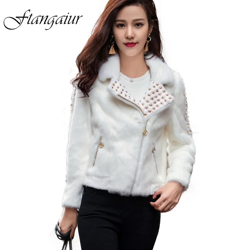 

Ftangaiur Winter Import Velvet Mink Fur Coat Turn-Down Collar Women Rivet White Mink Coats Women's Short Real Mink Fur Coats