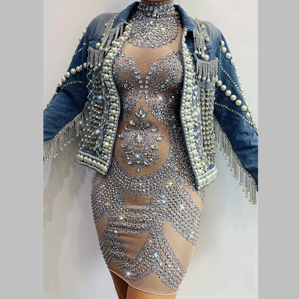 Luxury Rhinestone Pearl Beading Short Denim Jackets Women Long Sleeves Club Party Jean Jacket Stage Tassel Crystal Denim Coats