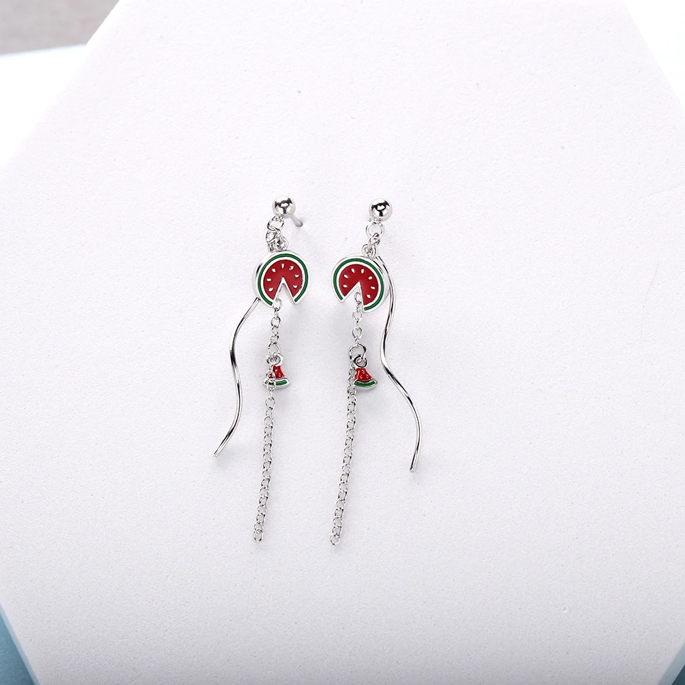 SHADOWHUNTERS Romantic 925 Sterling Silver Fruit Earrings Enamel Watermelon Pieces Chain Drop Earrings Women Jewelry Summer Gift