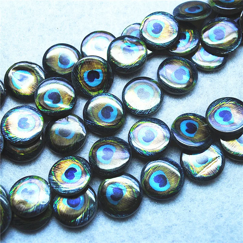 22PCS Nature Shell String Peacock Feather Mother Of Pearl Loose Beads Size 18MM Round Shape For Women Bracelets Making Accessory