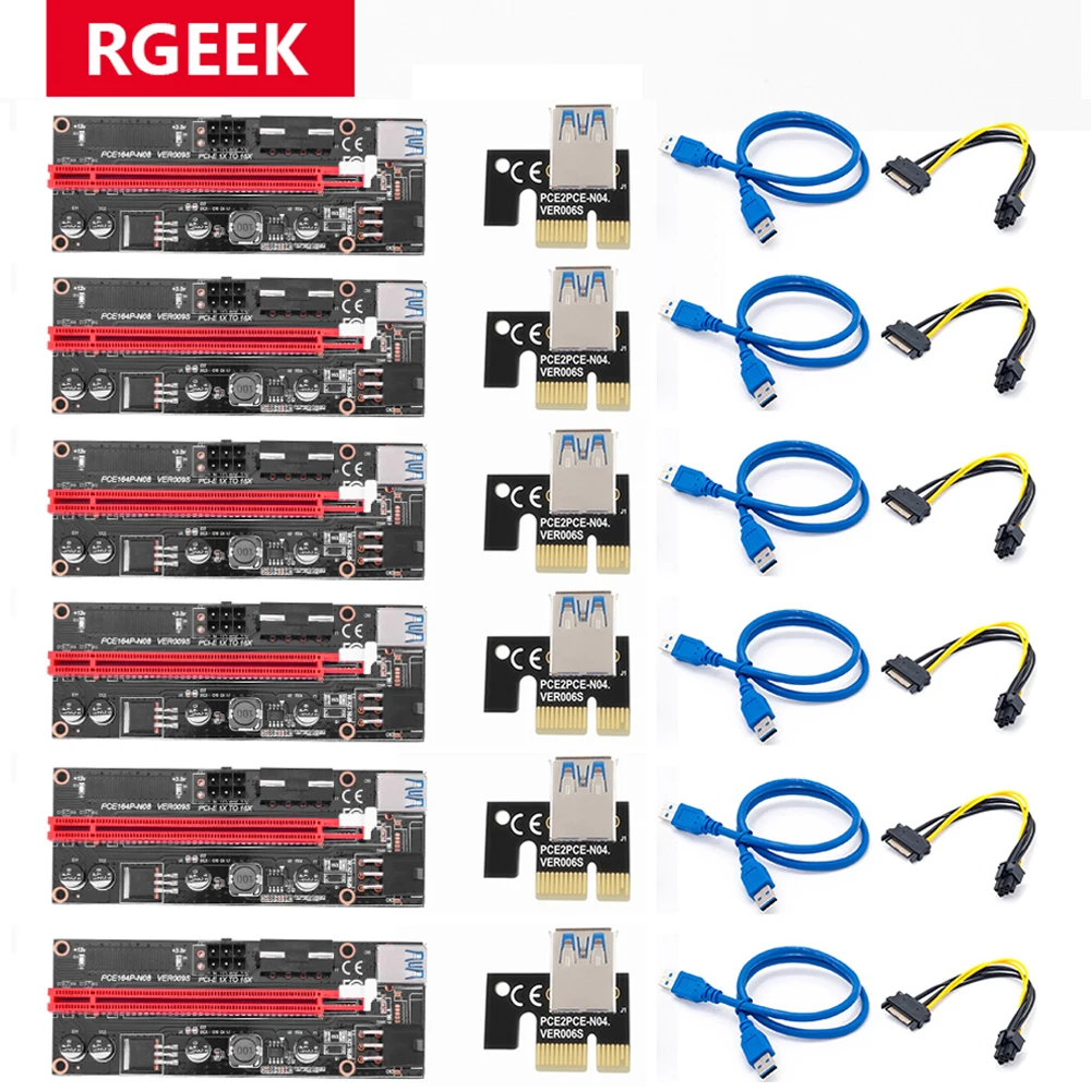 6pcs New VER009 USB 3.0 PCI E Riser VER 009S 1X 4X 8X 16X PCIE Riser Express Extend Adapter Card SATA 15pin to 6 Pin Power Cable