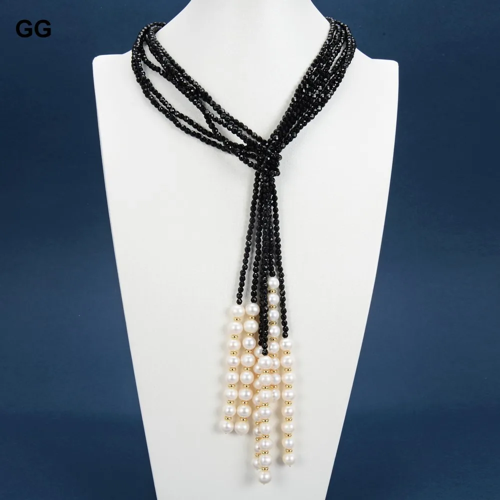 

GuaiGuai Jewelry 3 Strands 4mm Natural Faceted Black Onyx White Pearl Lariat Long Sweater Chain Necklace Bracelet Earrings Sets