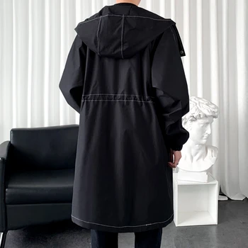 Men's Korean-Style Fleece-Lined Long Trench Coat 6 Autumn Men Korean Style Trench Men Fashion Solid Color Casual Long Coat Male Streetwear Loose Windbreaker Men Fleece Overcoat 6