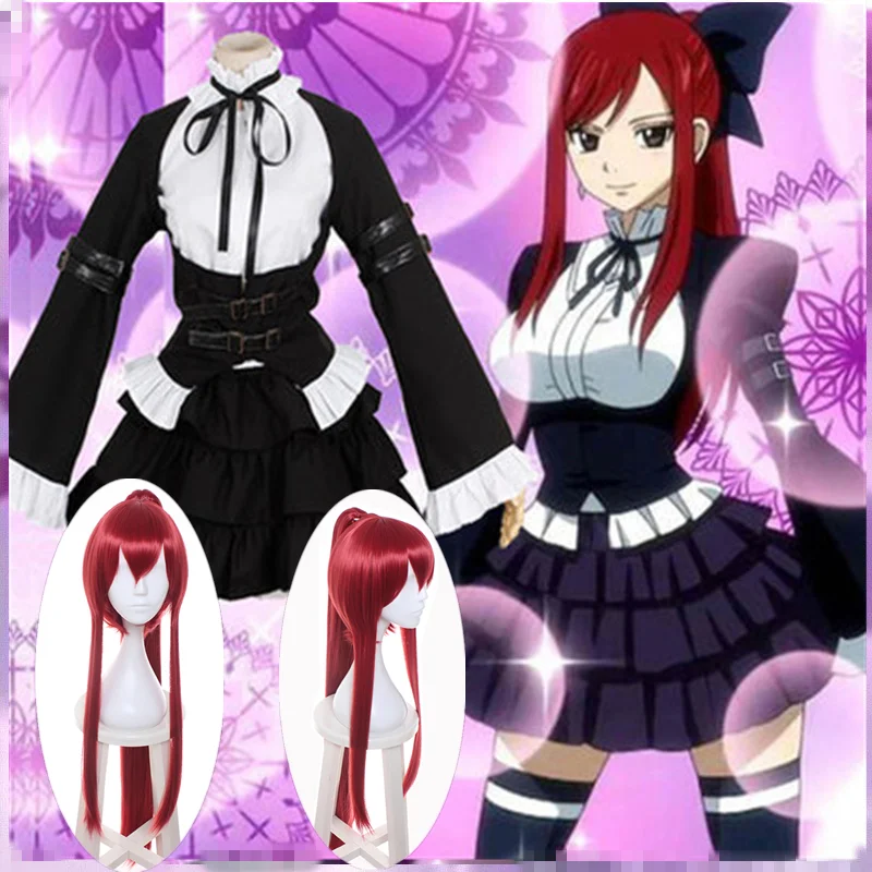 

Fairy Tail Erza Scarlet black maid lolita Cosplay Costume long red wigs cutome-made for Halloween Carnival Uniform in stock