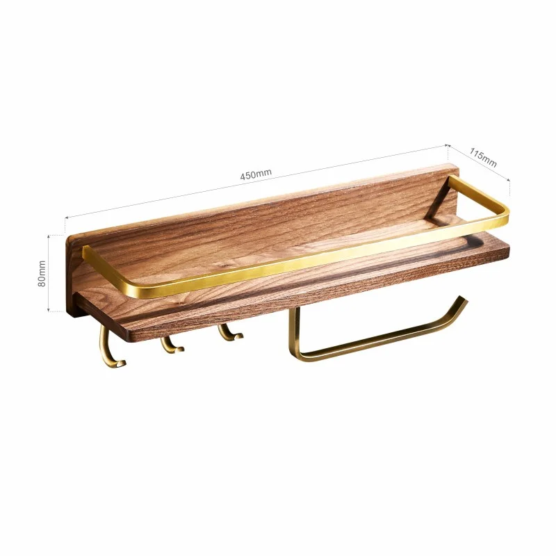 Walnut & Gold Aluminum Bathroom Shelf, Shampoo Holder with Hooks,Towel Bar Organizer Rack,Wall Mount, Bath Soap Cosmetic Shower