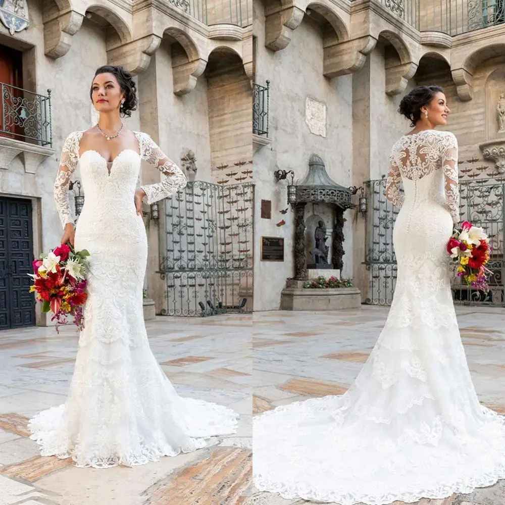 New Wedding Dresses Lace Appliques Mermaid Bridal Gowns Sweetheart Long Sleeves Button Back Robe De Mariee Vestidos Novia