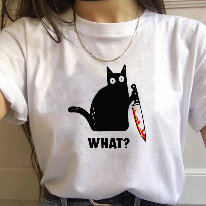 What? Terrible murderous cat Women t shirt Plus Size Short Sleeve O-Neck Harajuku t-shirt 2024