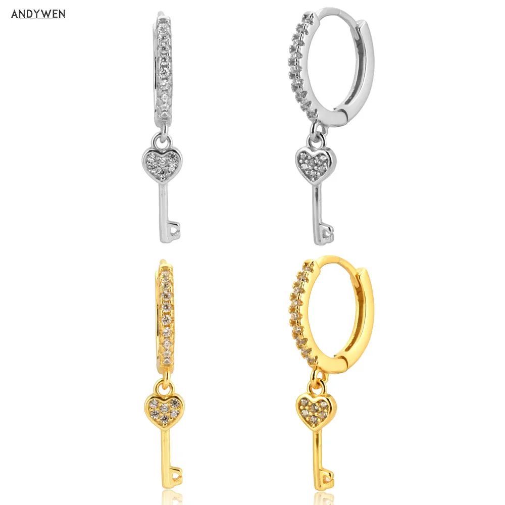 ANDYWEN 925 Sterling Silver Keys Drop Earring Circle Round Loop Rock Punk Fashion Women Fine Jewelry 2020 Crystal Zircon CZ