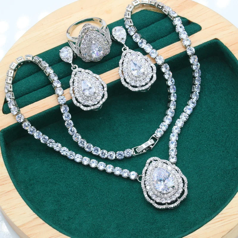 

Exquisite Necklace 925 Silver Jewelry Sets for Women Wedding White Topaz Earring Ring Pendant Halloween Christmas Gift