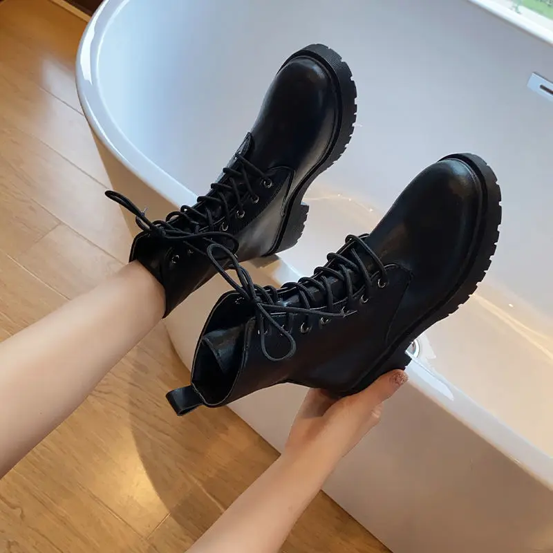 White Black PU Leather Ankle Boots Women Autumn Winter Round Toe Lace Up Shoes Woman Fashion Motorcycle Platform Botas