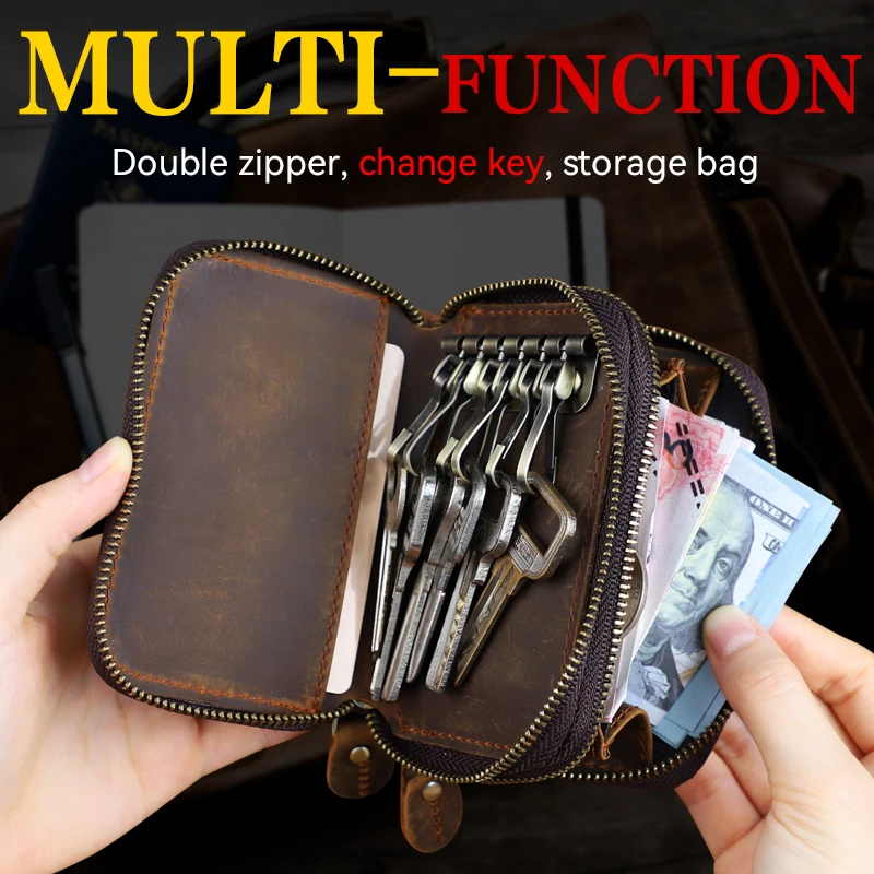 

Retro Genuine Leather Key Wallet Portable Organizer Card household Key Holder Coin Purse Double Zipper Storage Bag Small Handbag