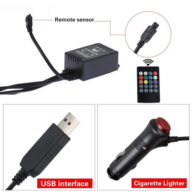 Auto LED RGB Interior Atmosphere Strip Light Decorative Foot Lamp With USB Wireless Remote Music Control Multiple Modes For Car